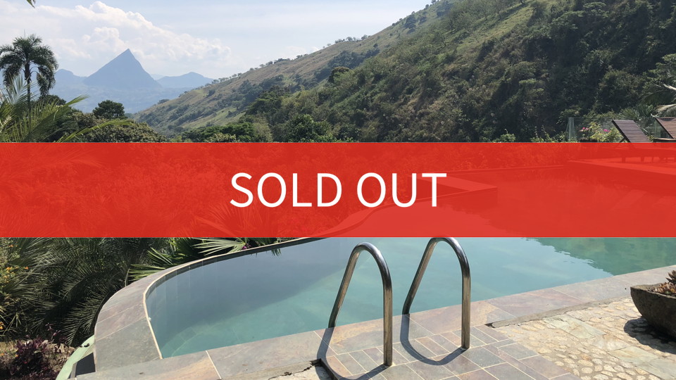 A beautiful view of a lush valley from an infinity pool, with a giant SOLD OUT message across the middle